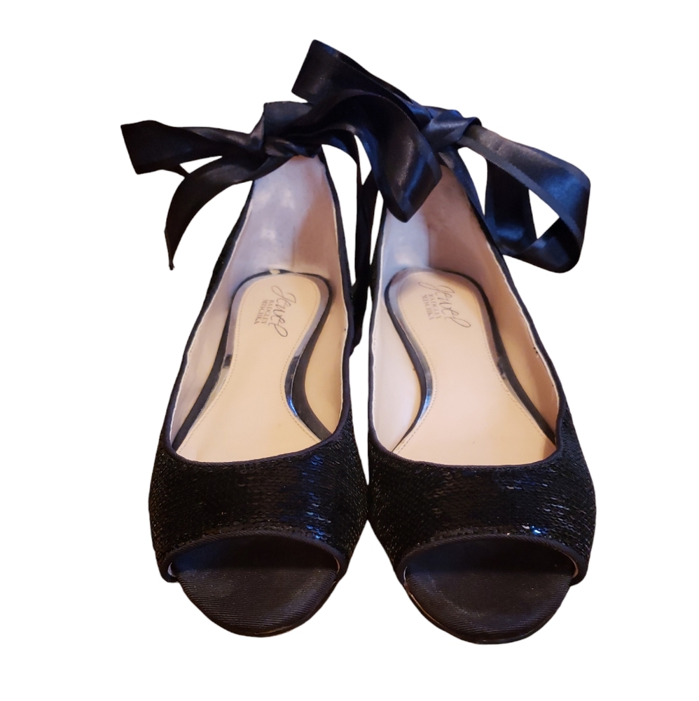Jewel Badgley Mischka Black Sequin Open Toe Flats with Satin Bow Size 7 - Picture 3 of 5